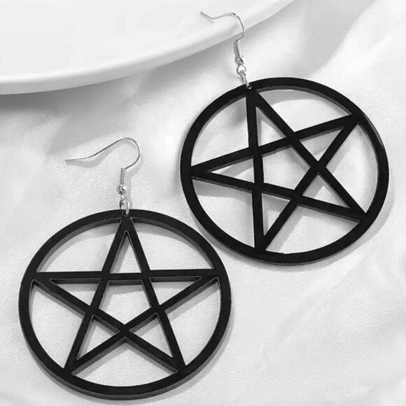 Earrings Large Black Pentagram Circular Dangle Exaggerated Pagan Wicca Astrology - Picture 2 of 4